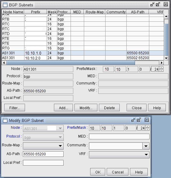 Graphical user interface for configuring BGP subnets in a network management tool, showing a table of subnets, a configuration panel, and an editing dialog.