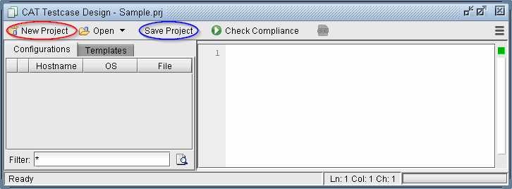 Graphical user interface of CAT Testcase Design software for managing test cases. Features toolbar with New Project, Save Project, and Check Compliance buttons, configurations and templates section with hostname, OS, and file columns, editor area for writing test cases, and status bar indicating Ready with cursor position.