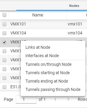 Network management interface with table of nodes. Dropdown for VMX103 shows options for links, interfaces, and tunnel details.