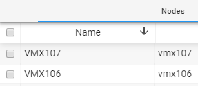 Table displaying node information with columns Name and corresponding value: Row 1 VMX107 vmx107 Row 2 VMX106 vmx106.