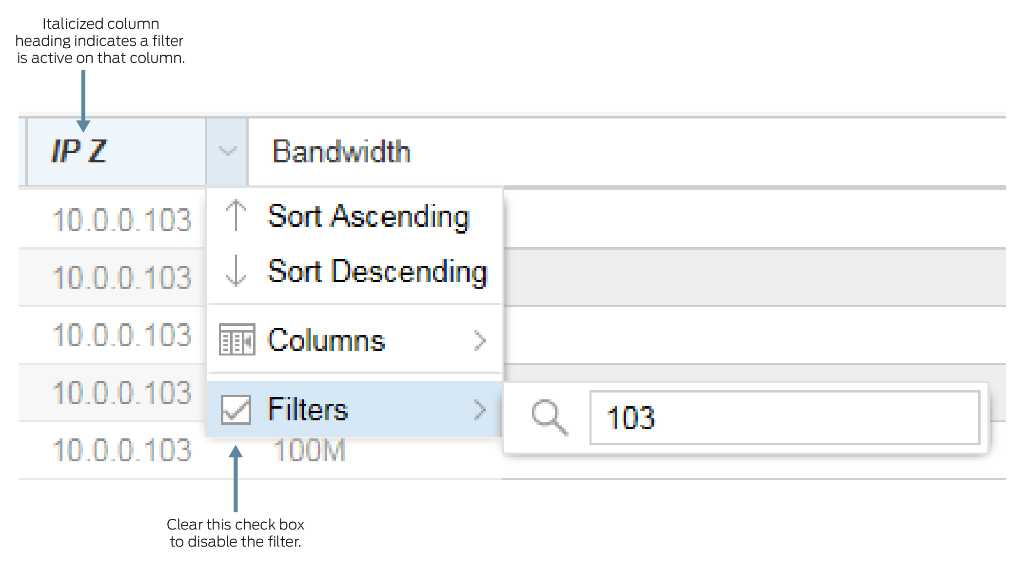 User interface for filtering and sorting a table with columns IP Z and Bandwidth; IP Z italicized indicating active filter set to 103.