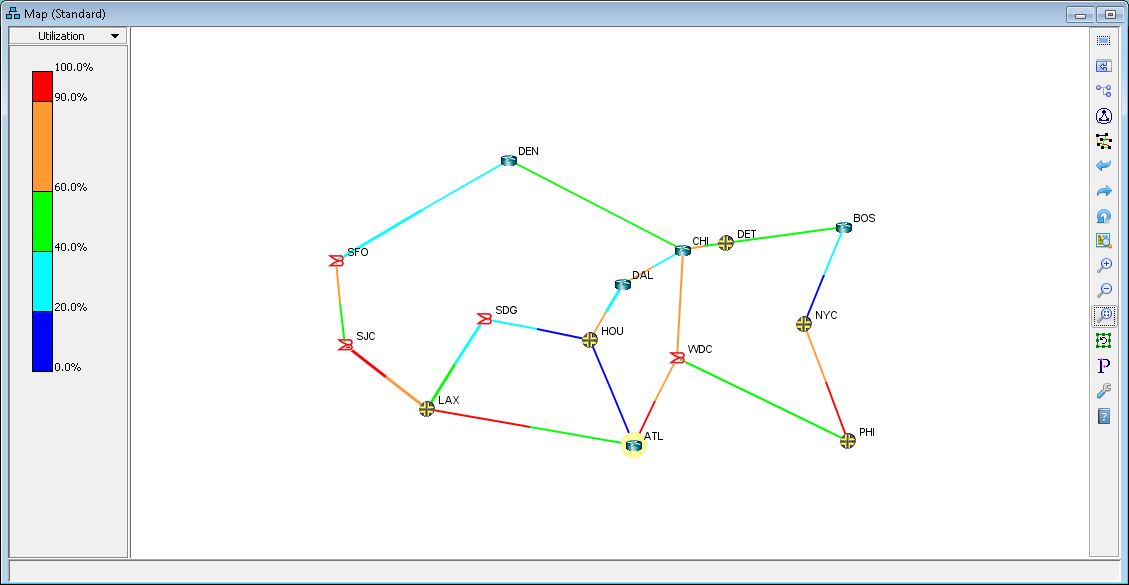 Network topology map with nodes labeled by city abbreviations such as SFO, DEN, ATL, and NYC. Lines show network connections with color indicating utilization levels: red for high, orange/yellow for moderate, green/blue for low. Legend on left explains utilization scale. Used for monitoring network performance and optimizing traffic flow.