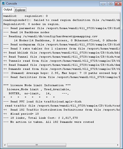 Console log showing network simulation reading configuration files, processing nodes and links, and routing all demands successfully.