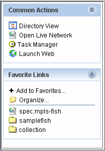 GUI panel with sections Common Actions and Favorite Links. Includes Directory View, Open Live Network, Task Manager, Launch Web, Add to Favorites, Organize, spec.mpls-fish, samplefish, and collection.