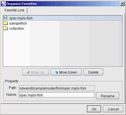 Dialog box titled Organize Favorites for managing bookmarks with options to move, delete, and rename items like spec.mpls-fish.