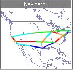 Map of the United States showing colored routes connecting locations. Title Navigator indicates mapping or route planning tool. Black rectangle highlights a specific area.