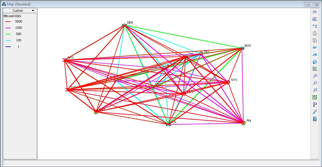 Network graph showing connections between nodes labeled with city abbreviations like DEN, BOS, NYC. Lines are color-coded by bandwidth: red, pink, green, blue.