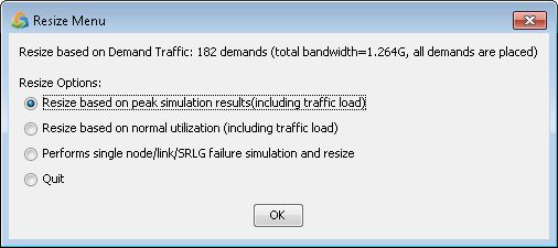 Resize Menu dialog with options to resize network resources based on peak or normal traffic, simulate failures, or quit. Current demand: 182 demands, total bandwidth 1.264G.