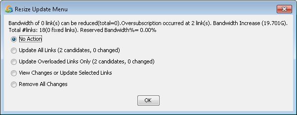 Dialog box titled Resize Update Menu showing bandwidth management options including No Action default, Update All Links, Update Overloaded Links Only, View Changes or Update Selected Links, and Remove All Changes. Summary: 2 oversubscribed links, bandwidth increase 19.701G, total 18 links, reserved bandwidth 0.00 percent. OK button at bottom.