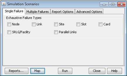 Simulation Scenarios interface for network analysis with tabs for Single Failure, Multiple Failures, Report Options, and Advanced Options.