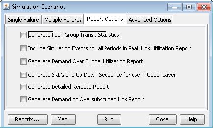 Software interface titled Simulation Scenarios with tabs including Single Failure, Multiple Failures, Report Options, Advanced Options. Report Options tab lists checkboxes for generating reports like Peak Group Transit Statistics, Demand Over Tunnel Utilization Report, and Detailed Reroute Report. Buttons at the bottom are Reports, Map, Run, Close, Help.