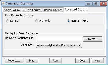 Software interface titled Simulation Scenarios with tabs for Single Failure, Multiple Failures, Report Options, Advanced Options. Advanced Options tab includes Fast Re-Route settings: Normal, FRR only, Normal plus FRR selected. Replay Up-Down Sequence field and dropdown for Simulation. Buttons for Reports, Map, Run, Close, Help at bottom.