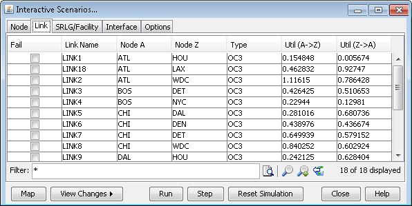 Interactive Scenarios interface showing a table of network links with details: Link Name, Node A, Node Z, Type, and Utilization values. Includes simulation controls and options for filtering, running, stepping, resetting, viewing changes, and help.