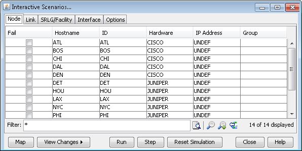Software interface titled Interactive Scenarios showing a table for network management with columns Fail, Hostname, ID, Hardware, IP Address, and Group.