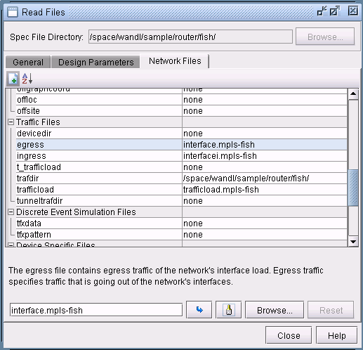 Read Files dialog box in network tool showing Spec File Directory path set to /space/wandl/sample/router/fish/ and tabs for General, Design Parameters, and Network Files. Traffic Files section lists egress as interface.mpls-fish, ingress and t_trafficload as none, and trafficload as trafficload.mpls-fish. Description below explains egress file use for outgoing network interface traffic.