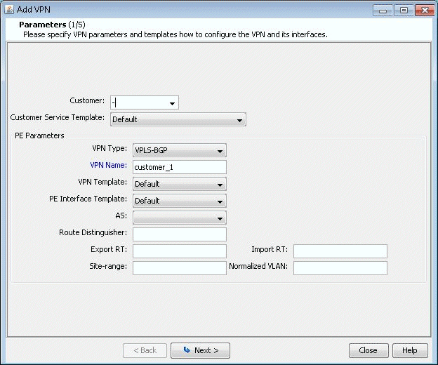 Add VPN configuration window, step 1 of 5, with dropdowns for customer and templates, fields for VPN parameters like type, name, AS, RTs, and navigation buttons for Back, Next, Close, and Help.