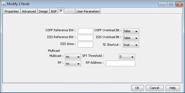 Modify 1 Node window in network simulation software with IP tab selected, showing OSPF and ISIS settings, multicast options, and OK, Cancel, Help buttons.