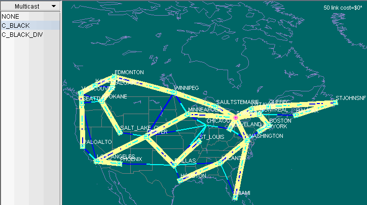 Network topology map of North America with nodes representing cities like Seattle, Chicago, Miami, and New York. Lines are color-coded to indicate different connection types or costs. Left panel shows multicast configuration options. Top-right corner notes 50 link cost is zero, suggesting a simulation or cost analysis.