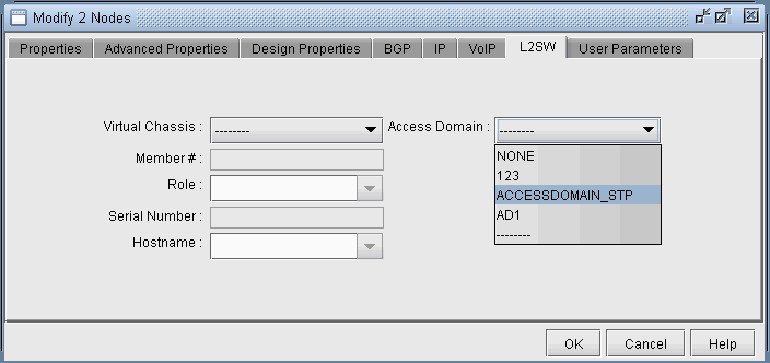 Software interface for modifying network nodes with tabs for Properties, Advanced Properties, Design Properties, BGP, IP, VoIP, L2SW, User Parameters. Configure settings like Virtual Chassis, Access Domain, Member Number, Role, Serial Number, Hostname. Access Domain dropdown shows NONE, 123, ACCESSDOMAIN_STP, AD1. OK, Cancel, Help buttons at bottom.