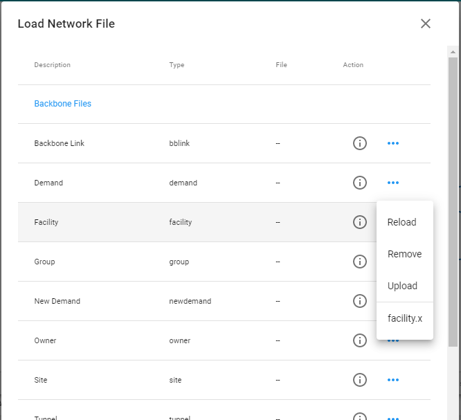 User interface for loading network files with columns Description, Type, File, and Action. Facility row highlighted with dropdown options Reload, Remove, Upload.