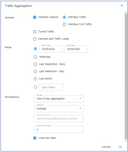 Traffic aggregation configuration window with options for interface traffic, date range from 10/05/2020 to 10/06/2020, average statistics, and output directory path.
