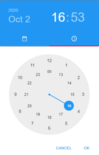 Time picker interface with circular clock layout highlighting hour 16 and current time 16:53. Options: OK or CANCEL. Date: Oct 2, 2020.