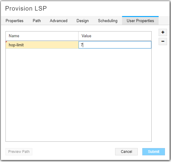 Provision LSP Window, User Properties Tab