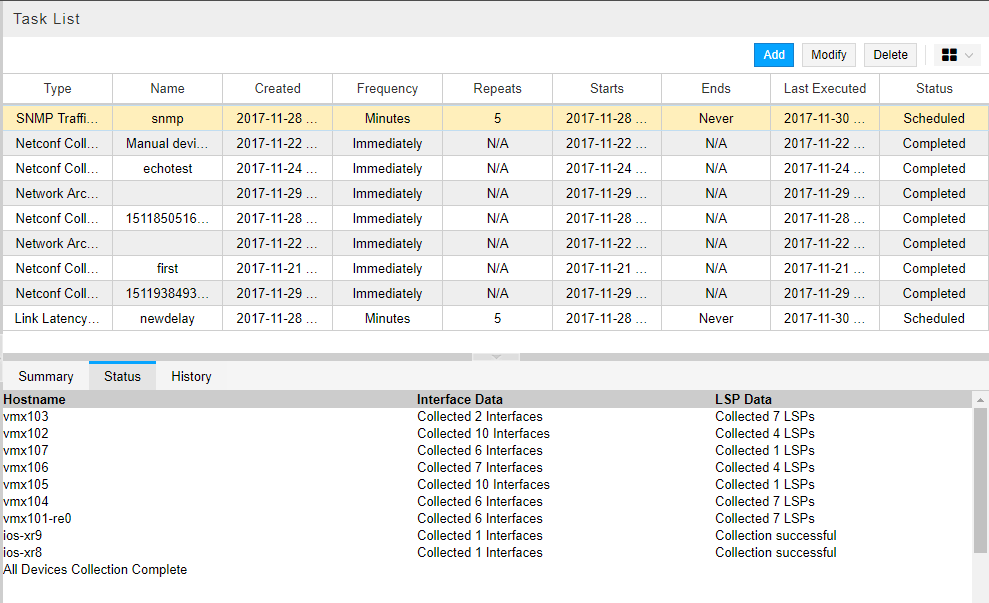 Task List table with tasks for network data collection, showing columns for Type, Name, Created, Frequency, Repeats, Starts, Ends, Last Executed, and Status. Below, Status tab displays network devices, interfaces, LSP data, and collection status.