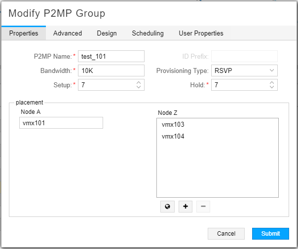 Modify P2MP Group Window, Properties Tab