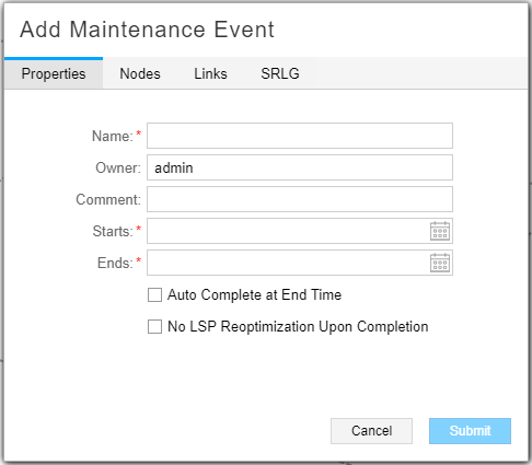 User interface for adding a maintenance event with fields for name, owner, comment, start and end time, checkboxes for auto complete, and LSP settings.