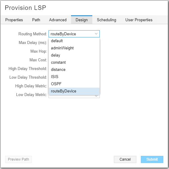 Configuration interface for provisioning LSP in network management, showing routing method options like default, adminWeight, and others. Options for Max Delay, Max Hop, and more. Buttons for Preview Path, Cancel, and Submit.