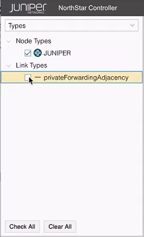 Juniper Networks NorthStar Controller UI showing selected JUNIPER node type and unchecked privateForwardingAdjacency link type.