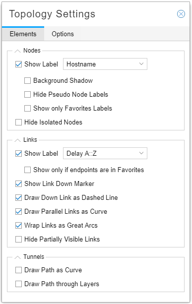 Topology Settings panel for customizing node, link, and tunnel appearance in network visualization tool.