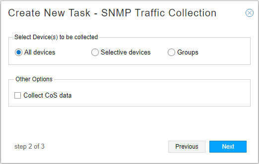 Create New Task SNMP Traffic Collection step 2. Options for selecting devices include All devices, Selective devices, Groups. Collect CoS data checkbox unchecked. Navigation buttons Previous and Next.