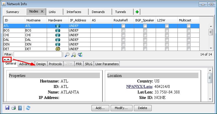Screenshot of a network management tool interface showing a node list with hostname, hardware, IP address, AS, and filter option.