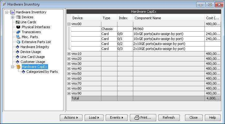 Hardware Inventory window with categories like Devices and Hardware CapEx. Lists vmx00 chassis MX960 and cards. Shows component costs and total.