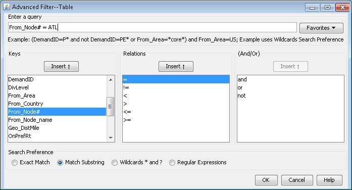 Advanced Filter dialog box for querying data with input field, keys, relations, logical operators, search preferences, and action buttons.