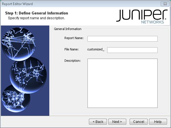 Step 1 of Juniper Networks Report Editor Wizard interface with fields for Report Name, File Name, and Description. Navigation buttons at the bottom.