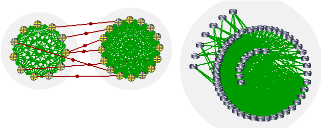 Two network diagrams: Left shows two clusters of green nodes with red arrows indicating connections. Right shows gray nodes in a circular layout with connections.