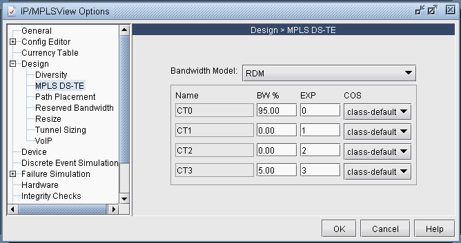 Interface for configuring MPLS DS-TE with options to set bandwidth models and parameters for classes CT0 to CT3, including bandwidth percentage, EXP bits, and COS. Users can select, adjust, confirm, or cancel settings.