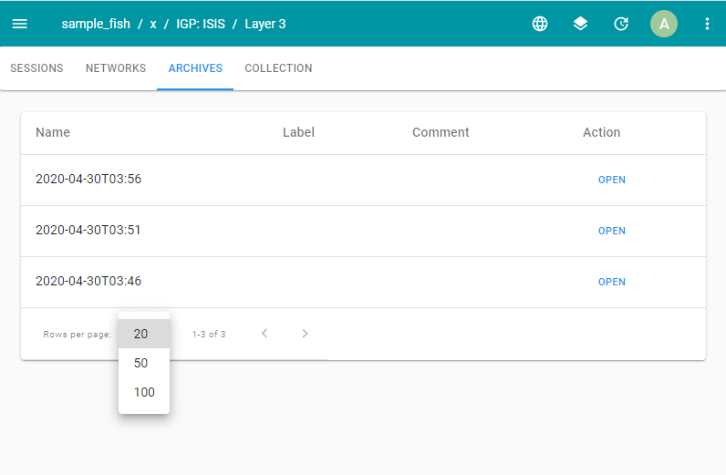 User interface with a navigation bar highlighting Archives tab. Below is a table with Name Label Comment Action columns. Entries have timestamps and OPEN links. Dropdown menu for rows per page selection available.