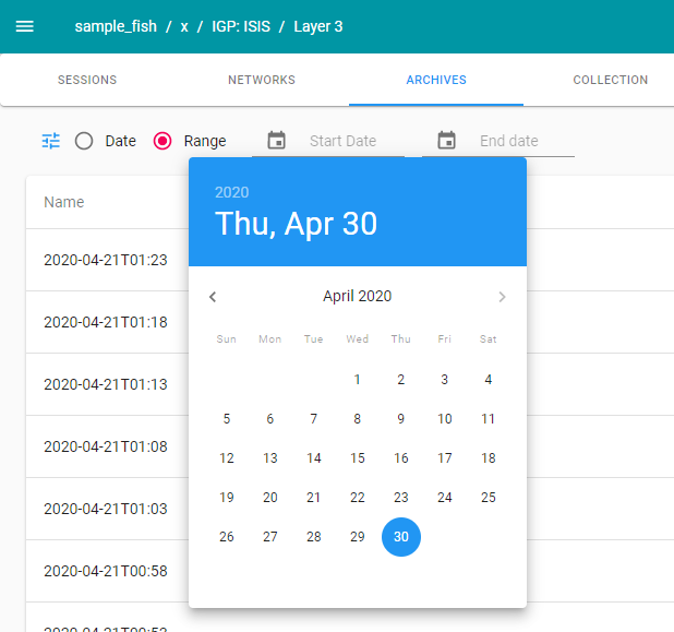 User interface of network management software showing April 2020 calendar with April 30 highlighted, active Archives section, event log, and breadcrumb: sample_fish / x / IGP: ISIS / Layer 3.