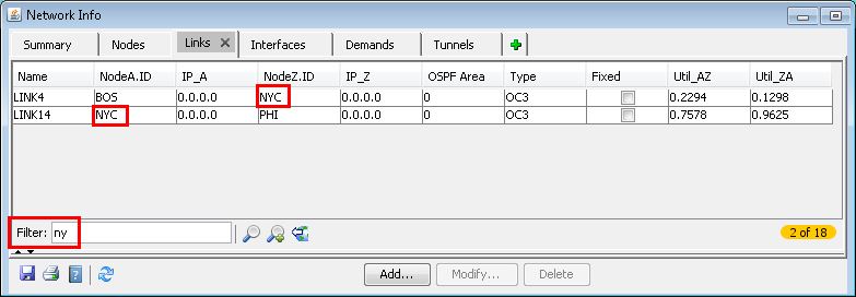 Network management interface showing Links tab with 2 of 18 network links filtered by NY. Includes details like link names, node identifiers, IP addresses, OSPF area, type, and utilization metrics. Options to add, modify, or delete links are available.