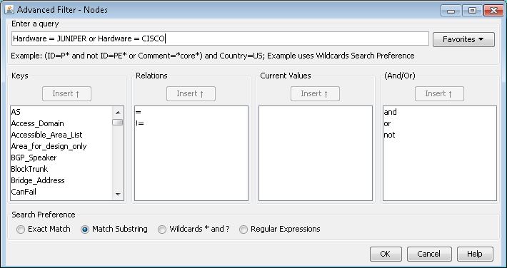 Advanced Filter interface for network management tool showing query input with example 'Hardware = JUNIPER or Hardware = CISCO', keys, relations, logical operators, and search preferences.