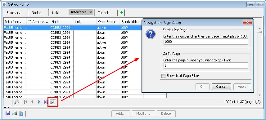 Software interface for network management showing table with network interfaces details. Highlighted button opens Navigation Page Setup for entries per page and page navigation.