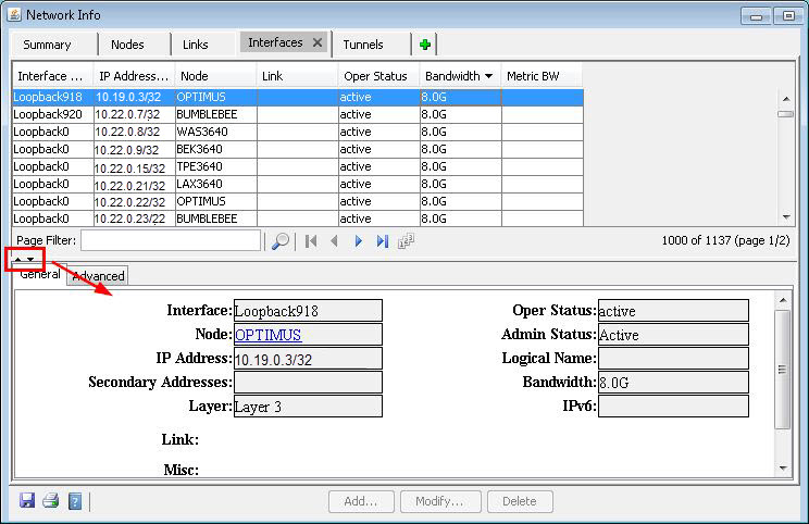 Network management interface showing tabs like Summary, Nodes, and Interfaces. A table lists network interfaces with details like Interface Name, IP Address, and Bandwidth. A details section highlights Loopback918 with attributes like Node OPTIMUS and Status active.