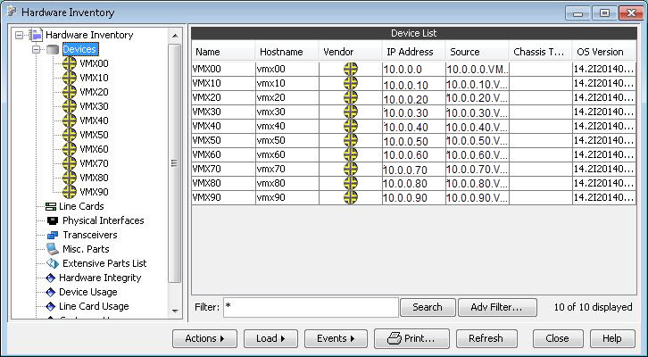 Software interface for managing hardware inventory, showing device details like name, hostname, IP address, and OS version with action buttons and a filter field.