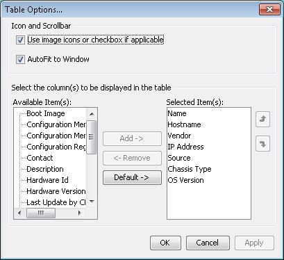 Table Options dialog box for customizing table columns with options for icons, checkboxes, autofit, and column selection.
