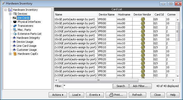 Software interface for managing hardware inventory, displaying network devices and line cards with actions like load and refresh.