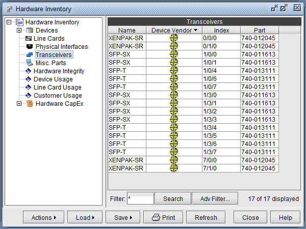 Software interface screenshot showing hardware inventory management. Left panel: hierarchical menu with Transceivers selected. Right panel: transceiver details with columns for Name, Device Vendor, Index, and Part. Bottom panel: action buttons like Filter, Search, Save, and Help.